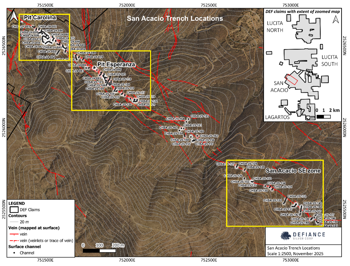 Figure 1. San Acacio property, showing the locations of the recently completed trenches